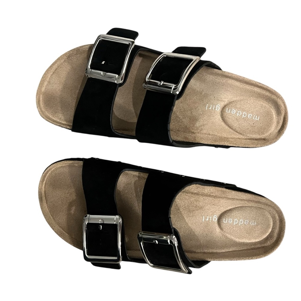 Madden Girl Black and Tan Buckle Sandals